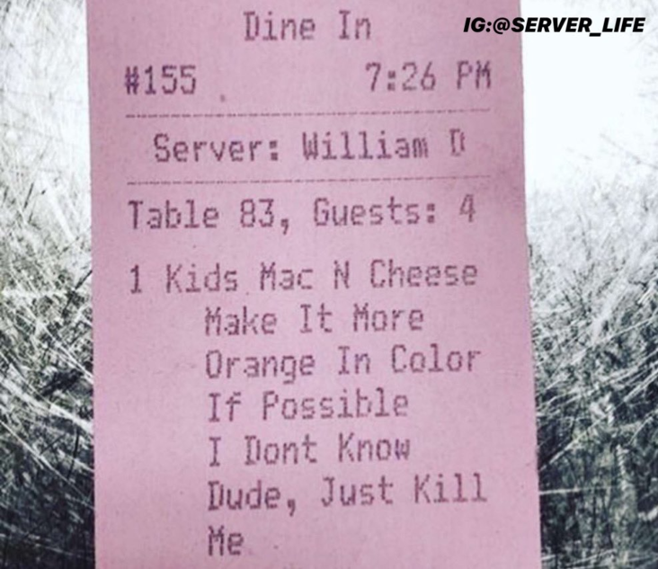 Kids menu order with mac and cheese extra orange