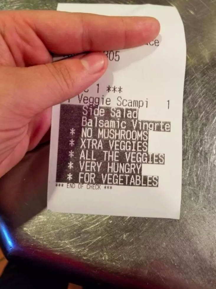 photo of receipt asking for "all the veggies"